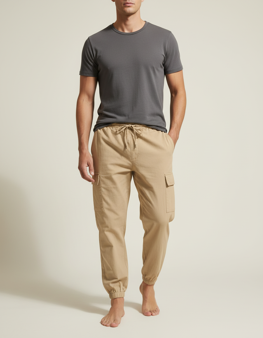 Pantalon Cargo Beige Léger Coton Multipoches Décontracté