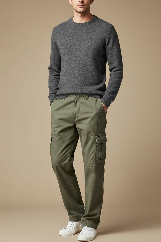 Pantalon Cargo Vert Olive Coton Ample Décontracté Homme - Kaki