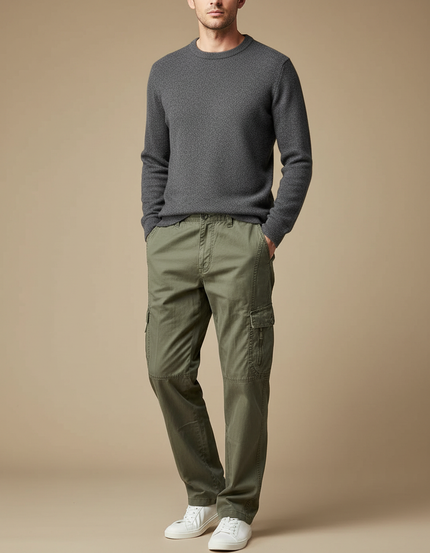 Pantalon Cargo Vert Olive Coton Ample Décontracté Homme - Kaki