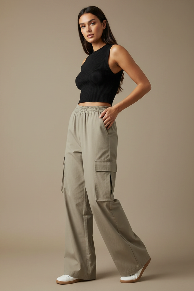 Pantalon Cargo Femme Ample Taille Haute Beige Décontracté - Kaki Toile