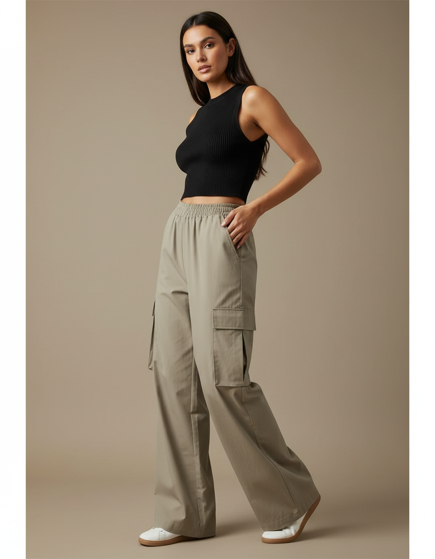 Pantalon Cargo Femme Ample Taille Haute Beige Décontracté - Kaki Toile