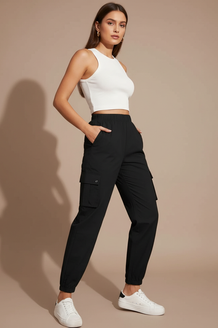 Pantalon Cargo Noir Femme Ample Poches - Polyester