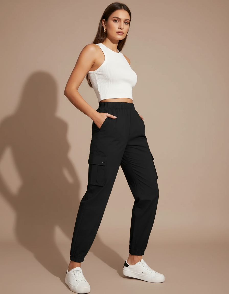 Pantalon Cargo Noir Femme Ample Poches - Polyester