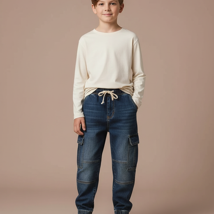 Pantalon Cargo Jean Bleu Cordon Cheville Enfant Garçon