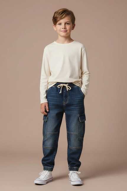 Pantalon Cargo Jean Bleu Cordon Cheville Enfant Garçon