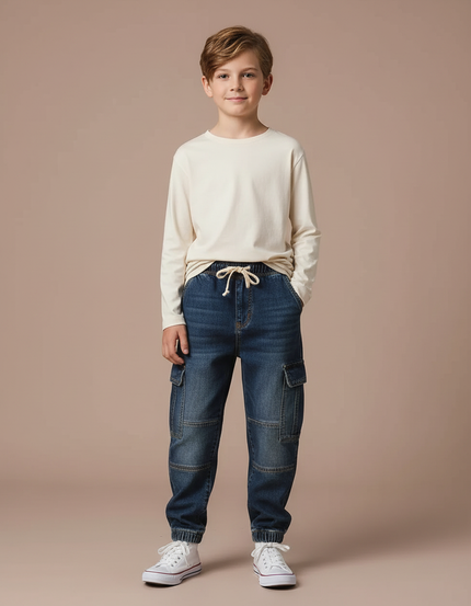 Pantalon Cargo Jean Bleu Cordon Cheville Enfant Garçon
