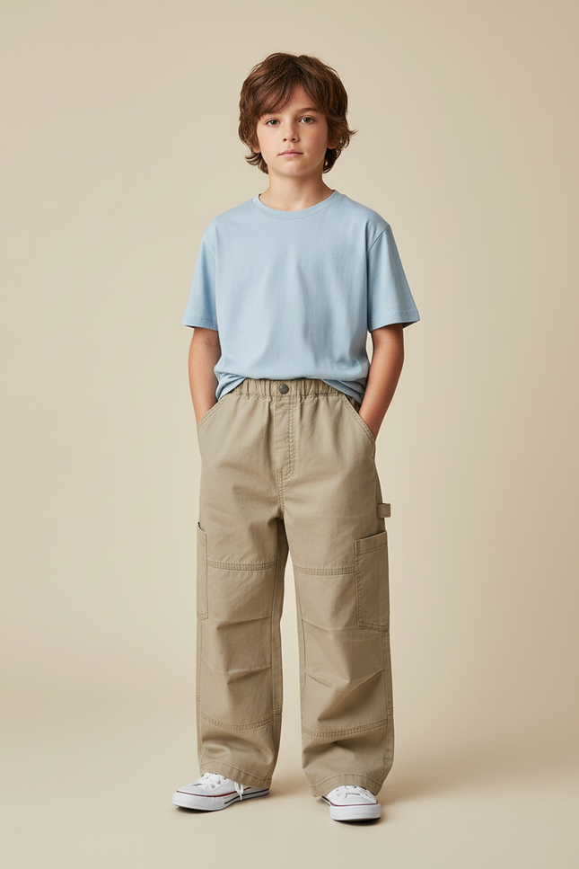 Pantalon Cargo Beige Ample Coton Décontracté Garçon