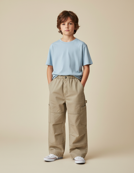 Pantalon Cargo Beige Ample Coton Décontracté Garçon