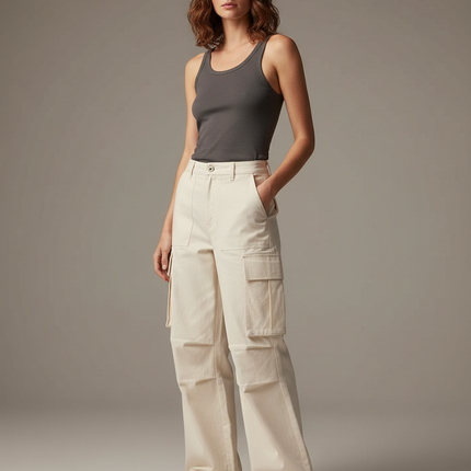Pantalon Cargo Écru Ample Multipoches Décontracté - Beige Toile