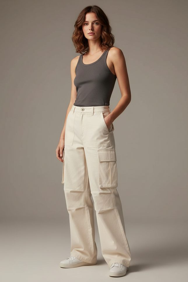 Pantalon Cargo Écru Ample Multipoches Décontracté - Beige Toile