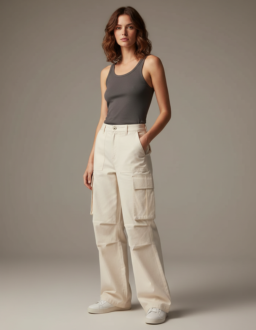 Pantalon Cargo Écru Ample Multipoches Décontracté - Beige Toile