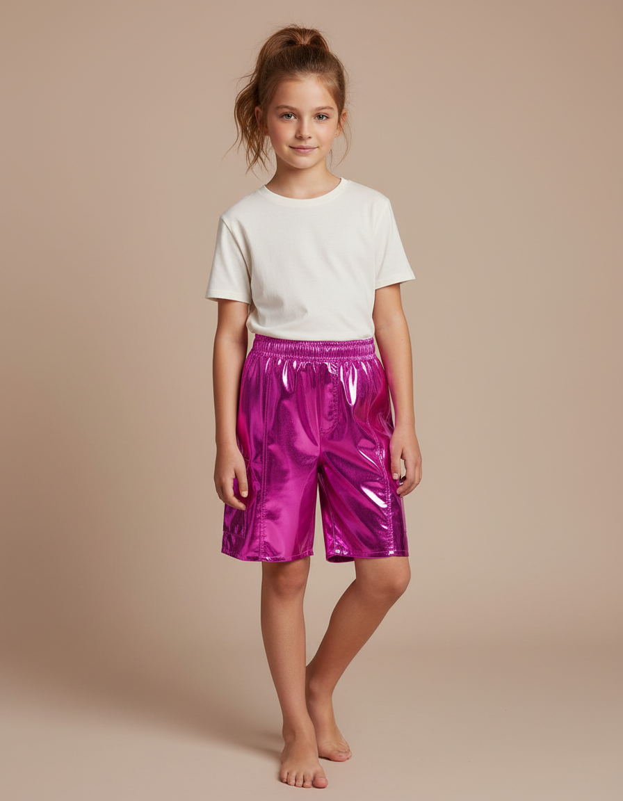 Pantalon Cargo Métallique Rose Brillant Ample Enfant - Polyester