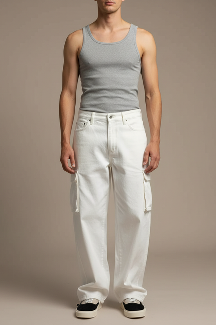 Pantalon Cargo Blanc Ample Coton Décontracté Homme - Jean