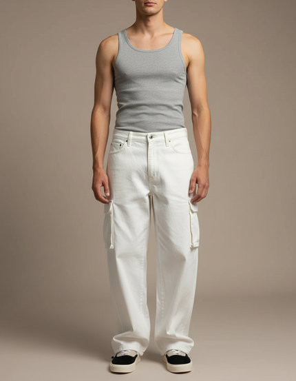 Pantalon Cargo Blanc Ample Coton Décontracté Homme - Jean