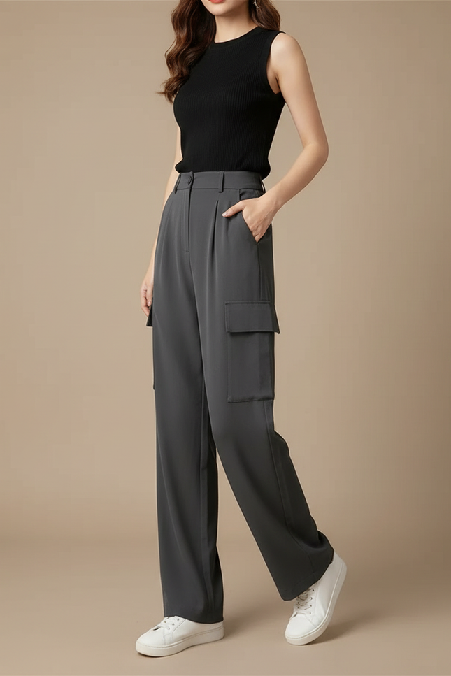 Pantalon Cargo Gris Fluide Taille Haute Femme - Polyester