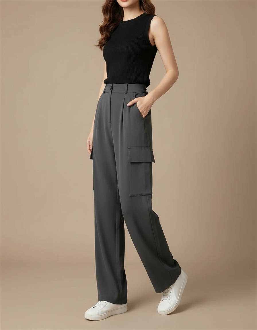 Pantalon Cargo Gris Fluide Taille Haute Femme - Polyester