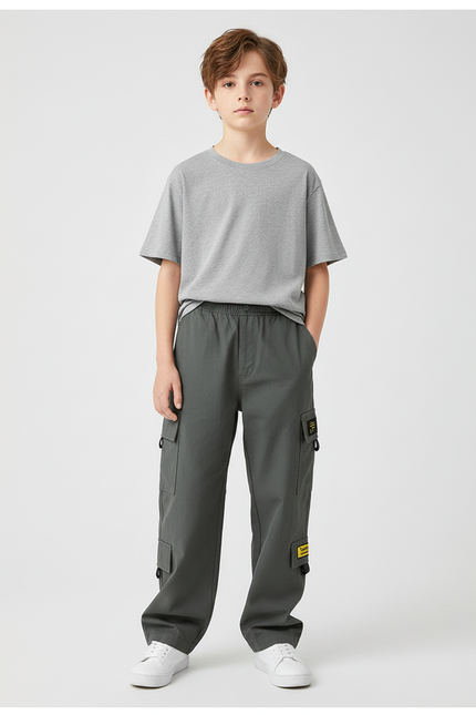 Pantalon Cargo Gris Ample Multipoches Garçon Décontracté - Kaki Toile