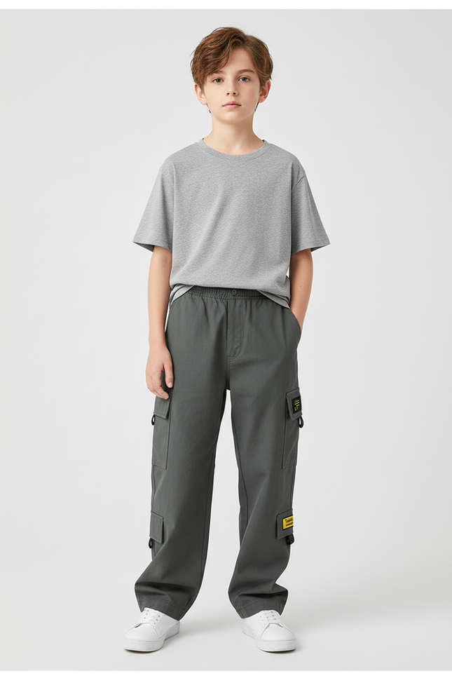 Pantalon Cargo Gris Ample Multipoches Garçon Décontracté - Kaki Toile