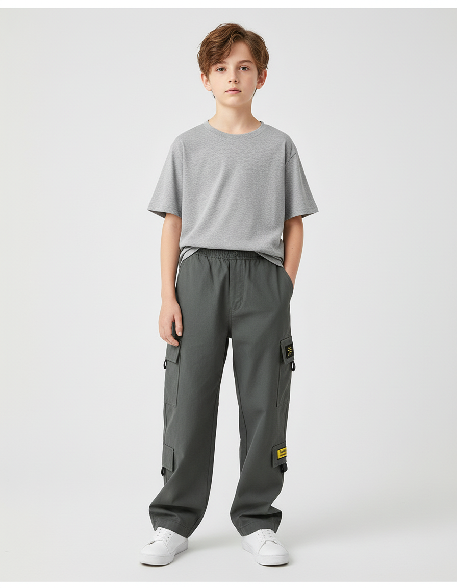 Pantalon Cargo Gris Ample Multipoches Garçon Décontracté - Kaki Toile