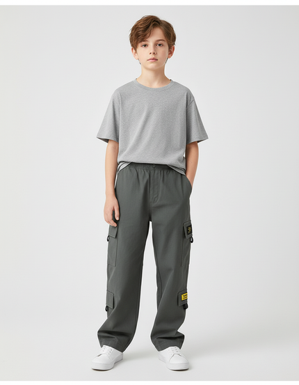 Pantalon Cargo Gris Ample Multipoches Garçon Décontracté - Kaki Toile