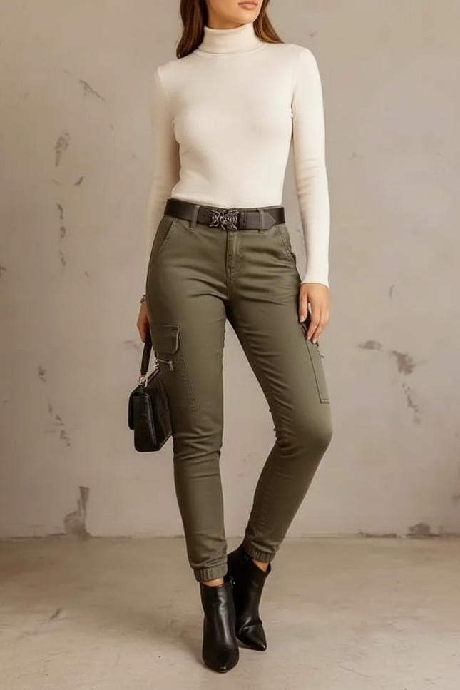 Pantalon Cargo Femme Kaki Slim Coton Mode - Gabardine