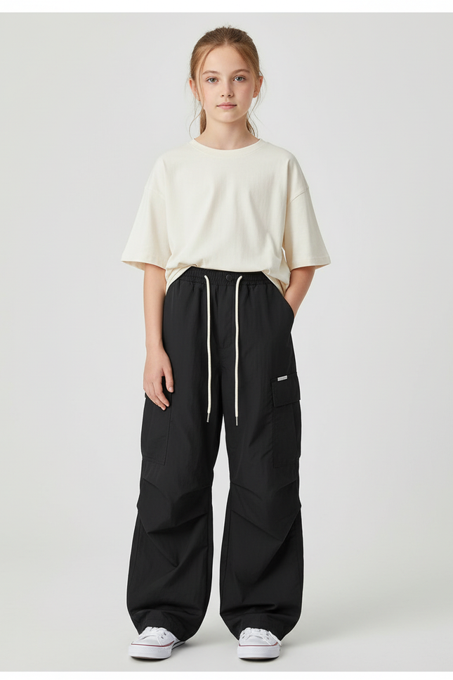 Pantalon Cargo Noir Ample Décontracté Jeune Multipoches - Polyester