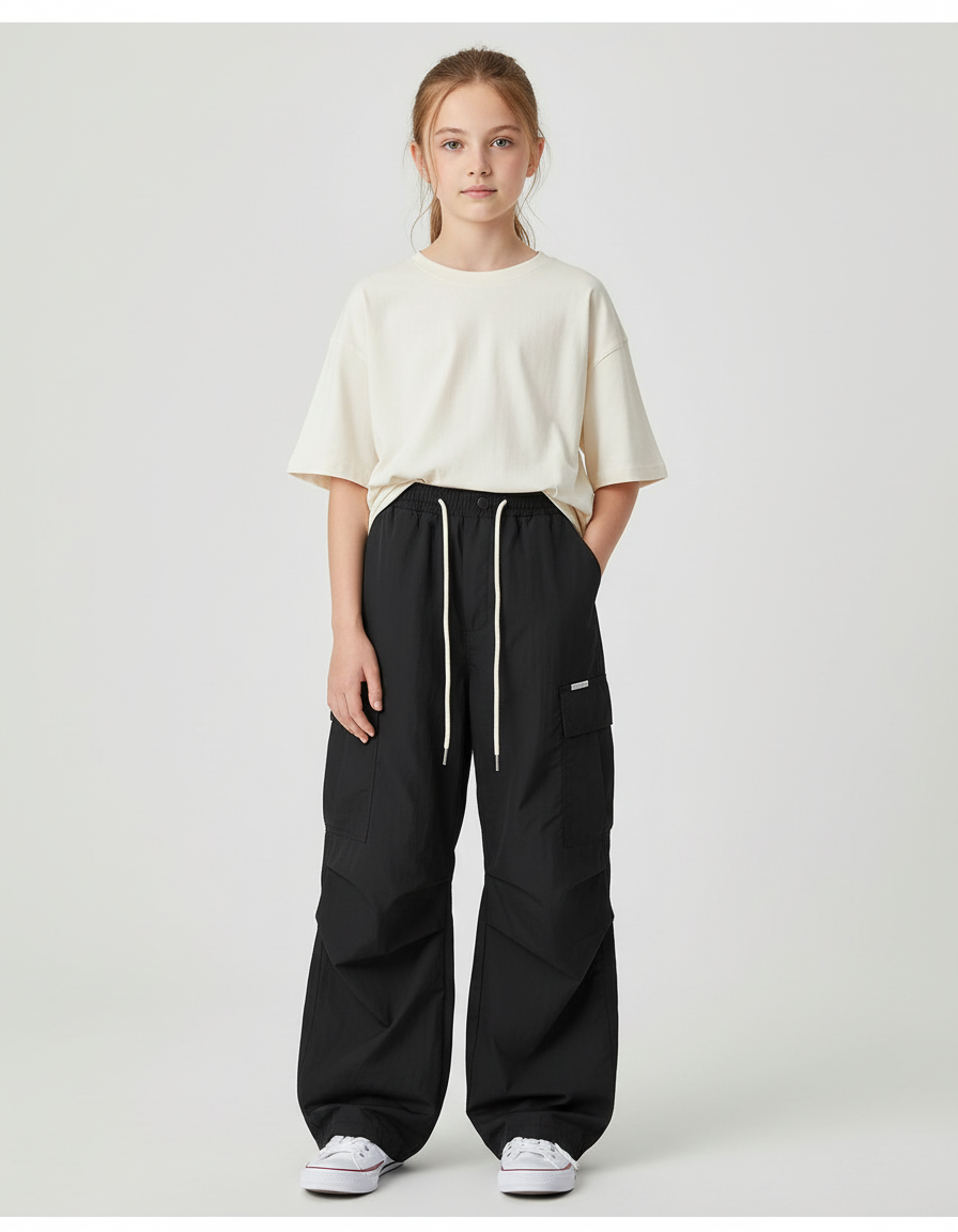 Pantalon Cargo Noir Ample Décontracté Jeune Multipoches - Polyester
