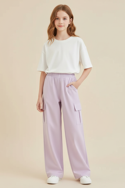 Pantalon Cargo Lilas Ample Taille Élastique Fille - Violet Gabardine