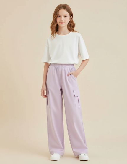 Pantalon Cargo Lilas Ample Taille Élastique Fille - Violet Gabardine