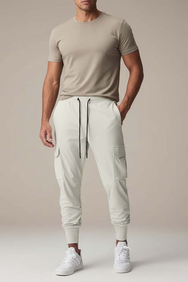 Pantalon Cargo Gris Clair Sportif Slim Cordon - Polyester