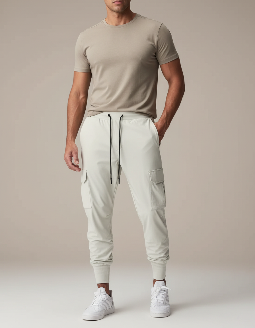 Pantalon Cargo Gris Clair Sportif Slim Cordon - Polyester