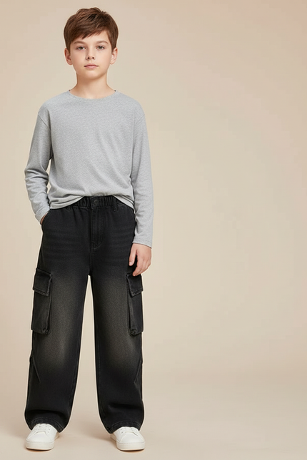 Pantalon Cargo Denim Noir Ample Multipoches Enfant - Jean