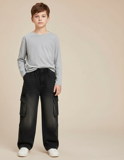 Pantalon Cargo Denim Noir Ample Multipoches Enfant - Jean