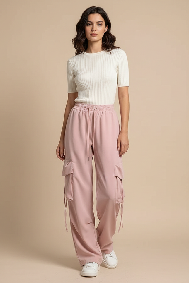 Pantalon Cargo Rose Fluide Ample Taille Haute Femme - Polyester