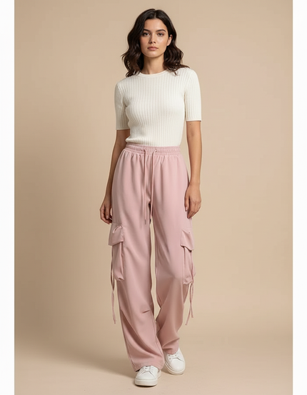 Pantalon Cargo Rose Fluide Ample Taille Haute Femme - Polyester