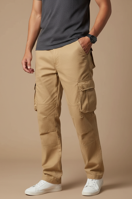 Pantalon Cargo Homme Beige Ample Coton Multipoches - Toile