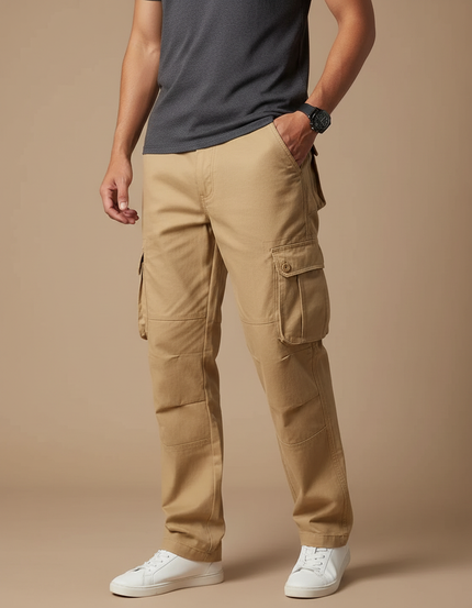 Pantalon Cargo Homme Beige Ample Coton Multipoches - Toile