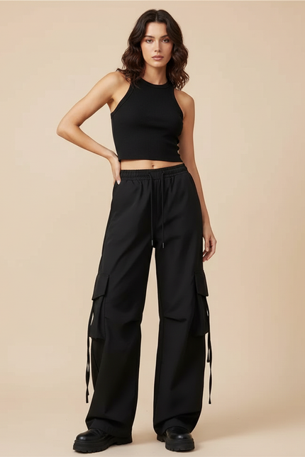 Pantalon Cargo Femme Noir Parachute - Polyester