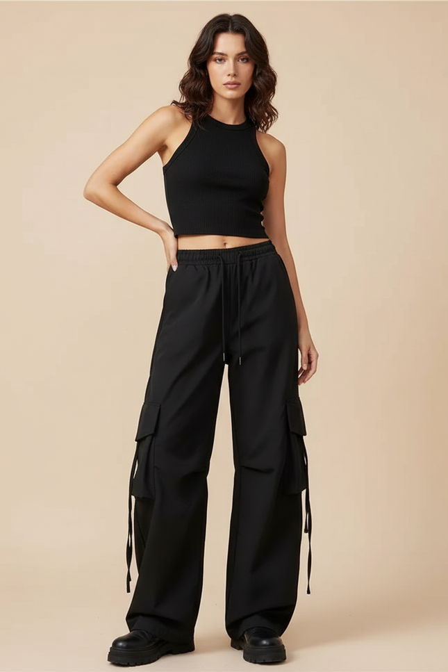 Pantalon Cargo Femme Noir Parachute - Polyester