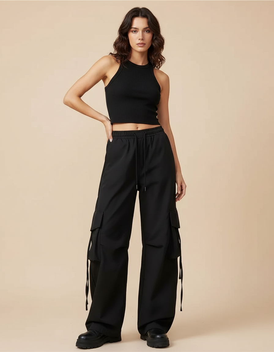 Pantalon Cargo Femme Noir Parachute - Polyester