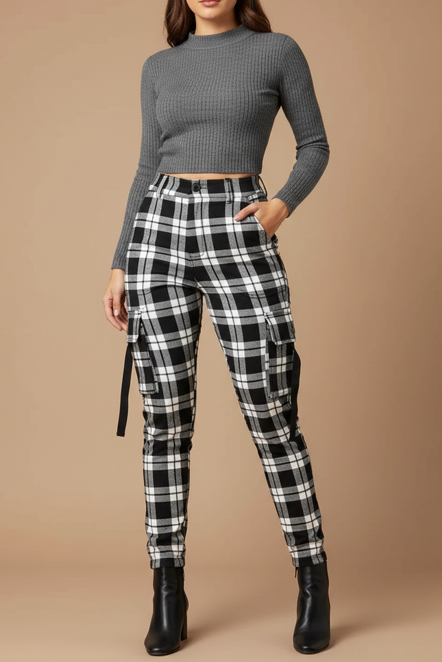 Pantalon Cargo Carreaux Noir Blanc Slim Femme - Multicolore Coton