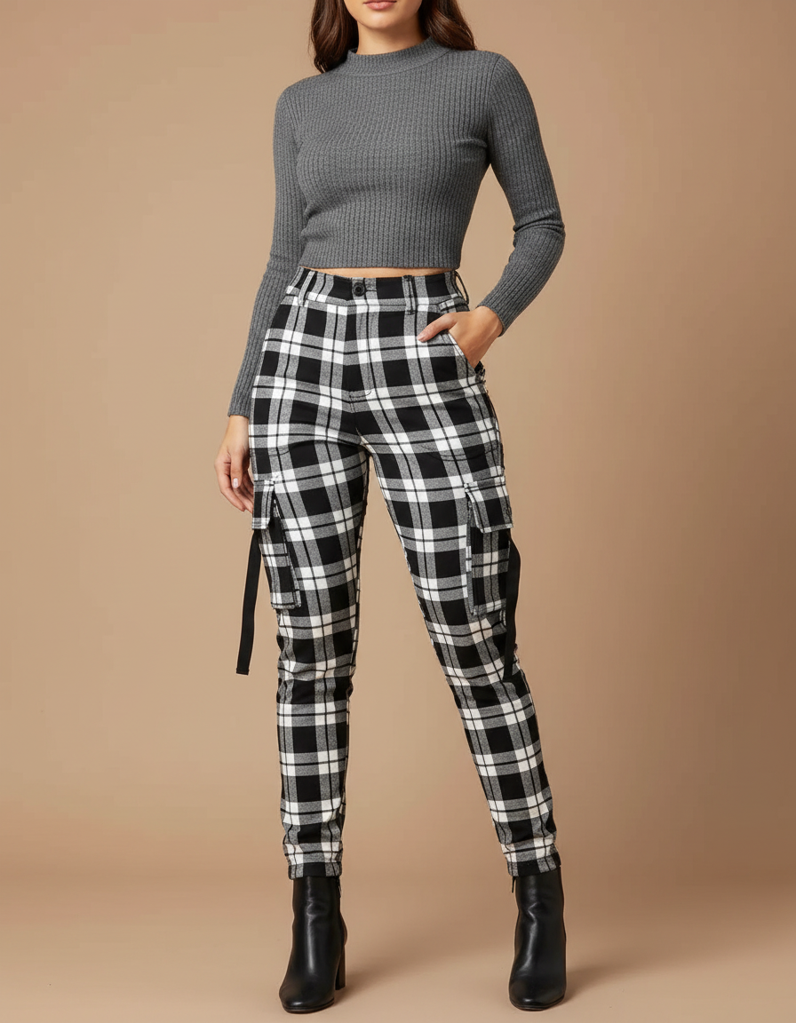 Pantalon Cargo Carreaux Noir Blanc Slim Femme - Multicolore Coton