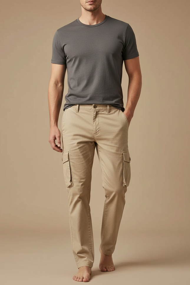 Pantalon Cargo Beige Coton Droit Multipoches Homme - Gabardine