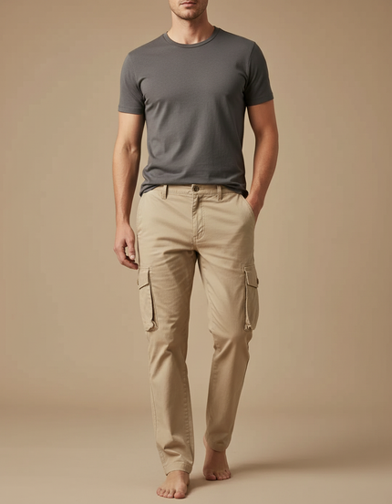 Pantalon Cargo Beige Coton Droit Multipoches Homme - Gabardine