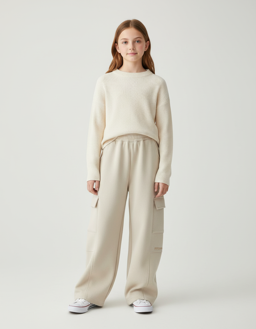 Pantalon Cargo Beige Ample Molletonné Enfant