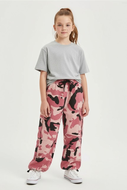 Pantalon Cargo Rose Camouflage Ample Fille Enfant - Coton