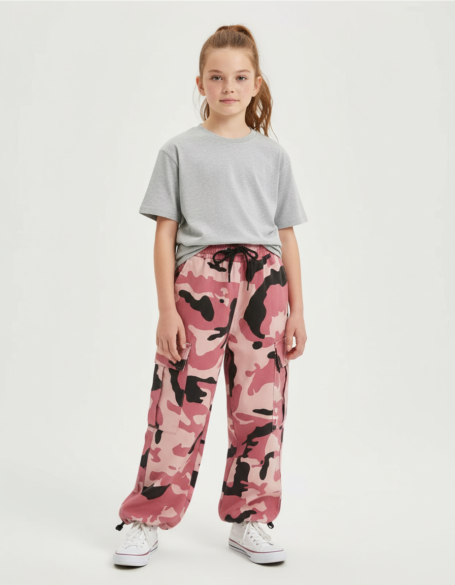 Pantalon Cargo Rose Camouflage Ample Fille Enfant - Coton