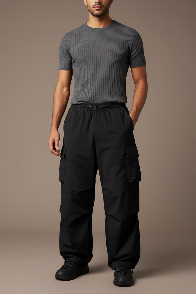 Pantalon Cargo Noir Fluide Ample Multipoches Homme - Polyester