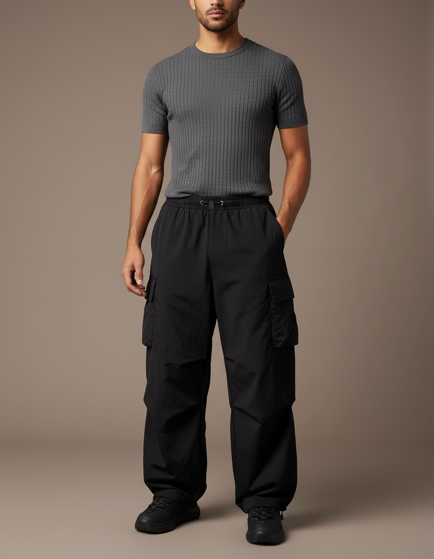 Pantalon Cargo Noir Fluide Ample Multipoches Homme - Polyester