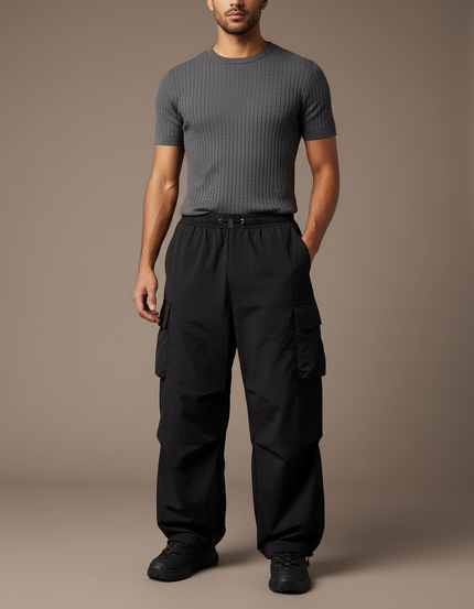 Pantalon Cargo Noir Fluide Ample Multipoches Homme - Polyester